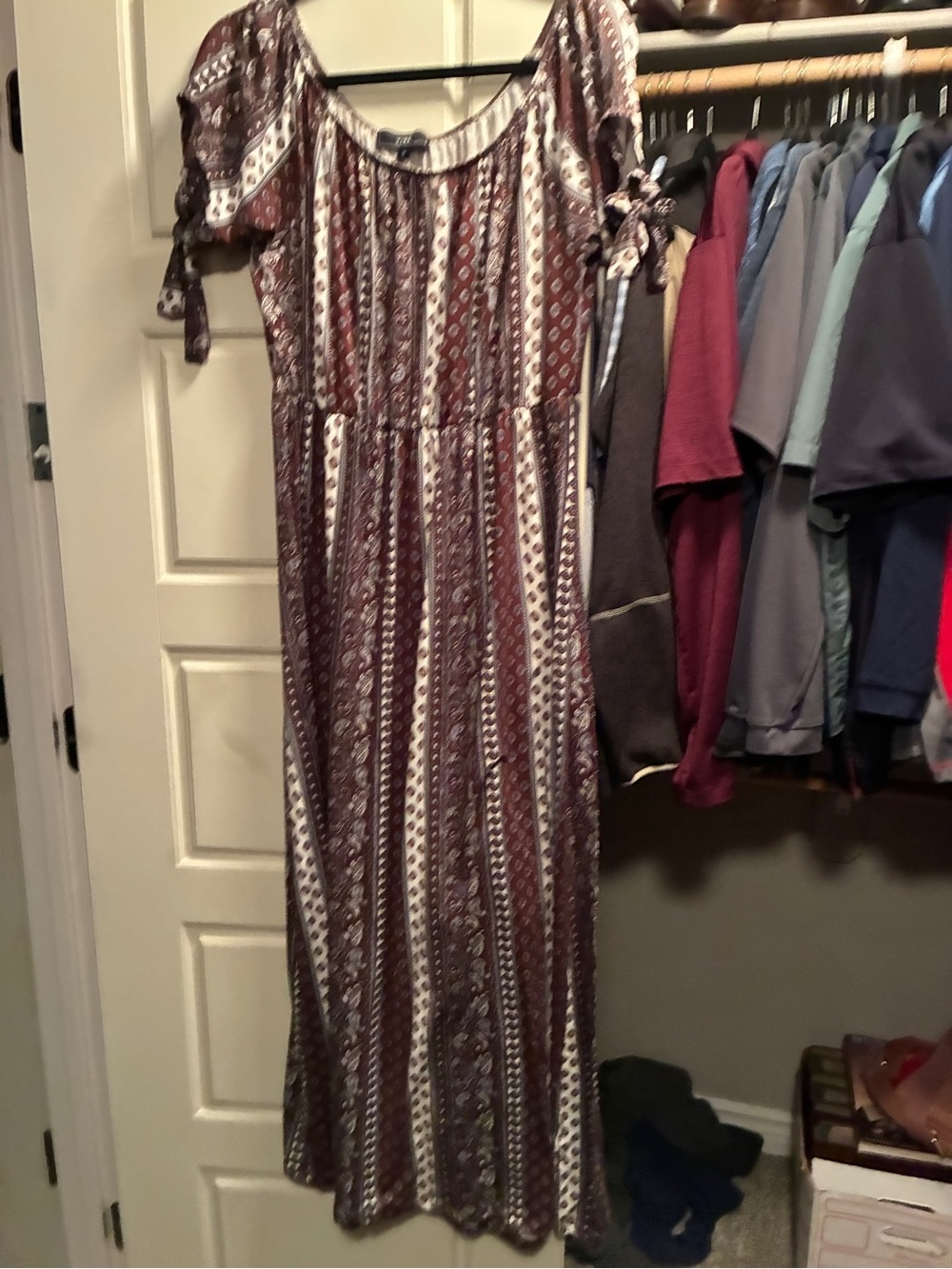 Vibe Brown and Cream Paisley-Stripe Tie Sleeve Maxi Dress